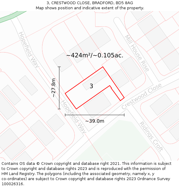 3, CRESTWOOD CLOSE, BRADFORD, BD5 8AG: Plot and title map