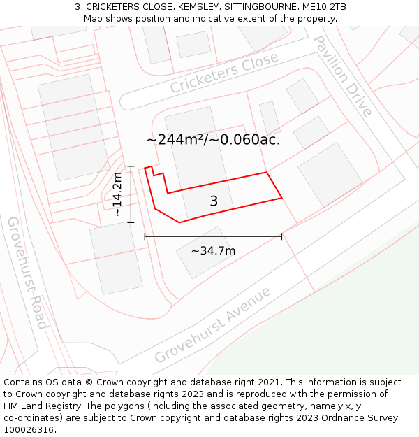 3, CRICKETERS CLOSE, KEMSLEY, SITTINGBOURNE, ME10 2TB: Plot and title map