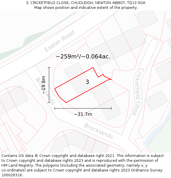 3, CRICKETFIELD CLOSE, CHUDLEIGH, NEWTON ABBOT, TQ13 0GA: Plot and title map