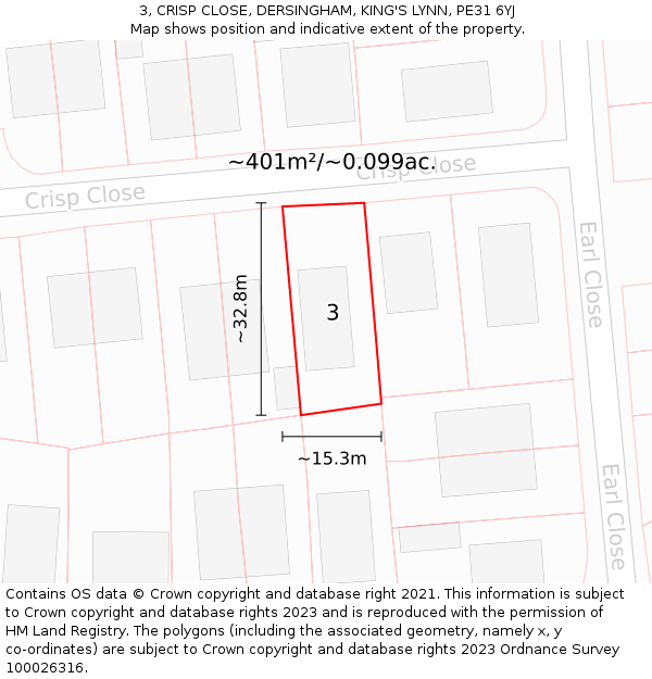 3, CRISP CLOSE, DERSINGHAM, KING'S LYNN, PE31 6YJ: Plot and title map