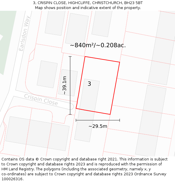 3, CRISPIN CLOSE, HIGHCLIFFE, CHRISTCHURCH, BH23 5BT: Plot and title map
