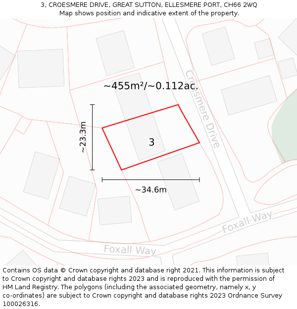 3, CROESMERE DRIVE, GREAT SUTTON, ELLESMERE PORT, CH66 2WQ: Plot and title map