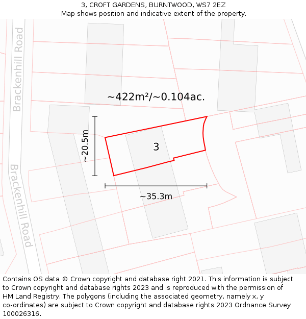 3, CROFT GARDENS, BURNTWOOD, WS7 2EZ: Plot and title map