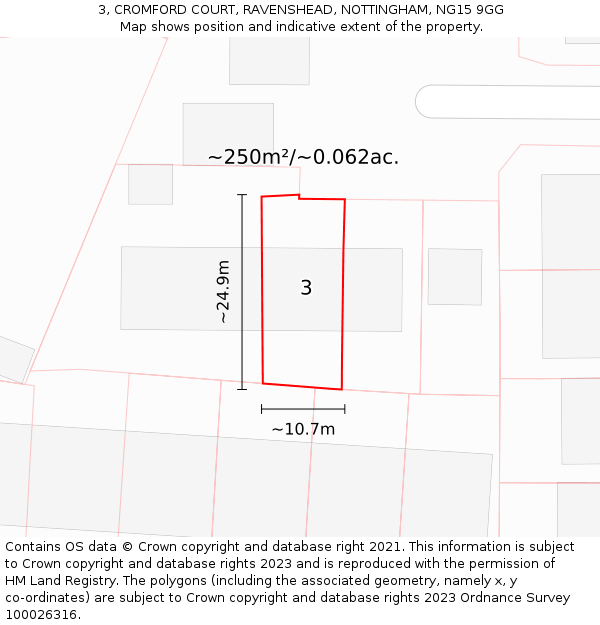 3, CROMFORD COURT, RAVENSHEAD, NOTTINGHAM, NG15 9GG: Plot and title map