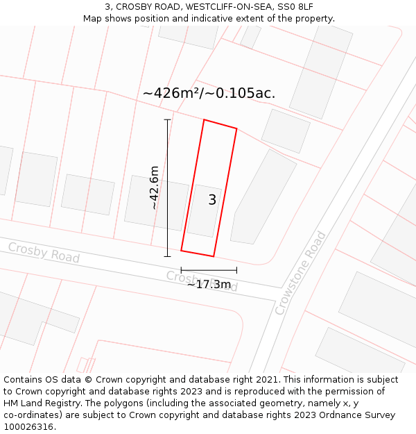 3, CROSBY ROAD, WESTCLIFF-ON-SEA, SS0 8LF: Plot and title map