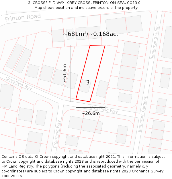 3, CROSSFIELD WAY, KIRBY CROSS, FRINTON-ON-SEA, CO13 0LL: Plot and title map