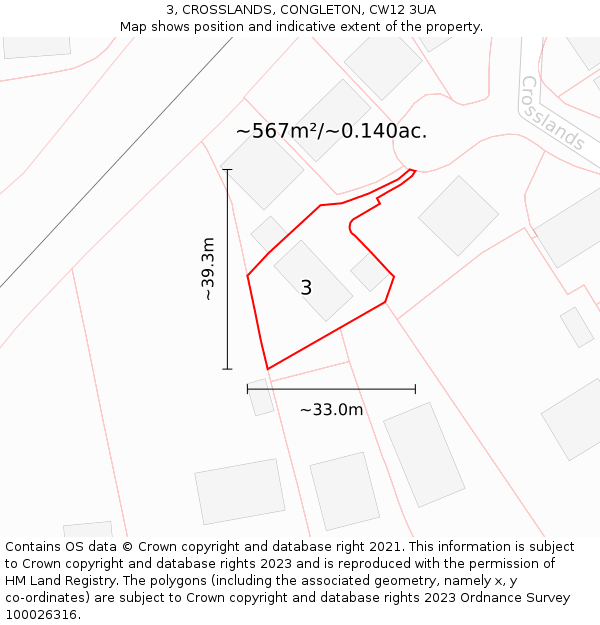 3, CROSSLANDS, CONGLETON, CW12 3UA: Plot and title map
