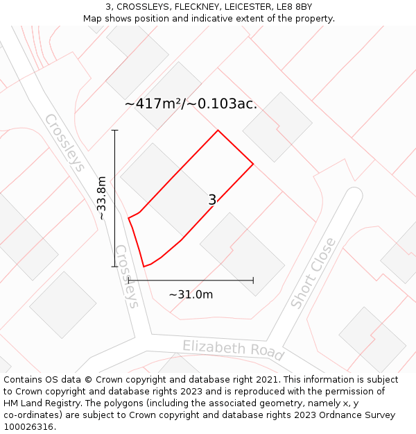 3, CROSSLEYS, FLECKNEY, LEICESTER, LE8 8BY: Plot and title map