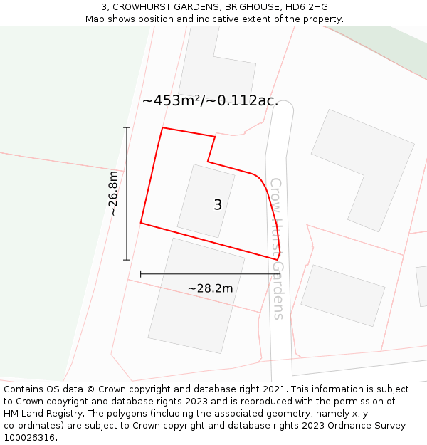 3, CROWHURST GARDENS, BRIGHOUSE, HD6 2HG: Plot and title map