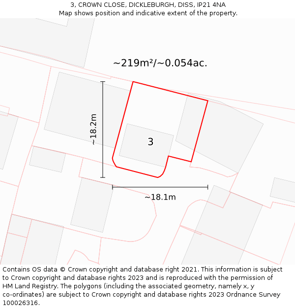 3, CROWN CLOSE, DICKLEBURGH, DISS, IP21 4NA: Plot and title map