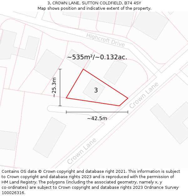 3, CROWN LANE, SUTTON COLDFIELD, B74 4SY: Plot and title map