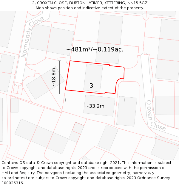 3, CROXEN CLOSE, BURTON LATIMER, KETTERING, NN15 5GZ: Plot and title map