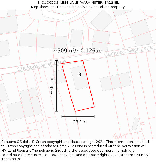 3, CUCKOOS NEST LANE, WARMINSTER, BA12 8JL: Plot and title map