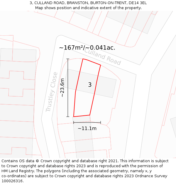 3, CULLAND ROAD, BRANSTON, BURTON-ON-TRENT, DE14 3EL: Plot and title map