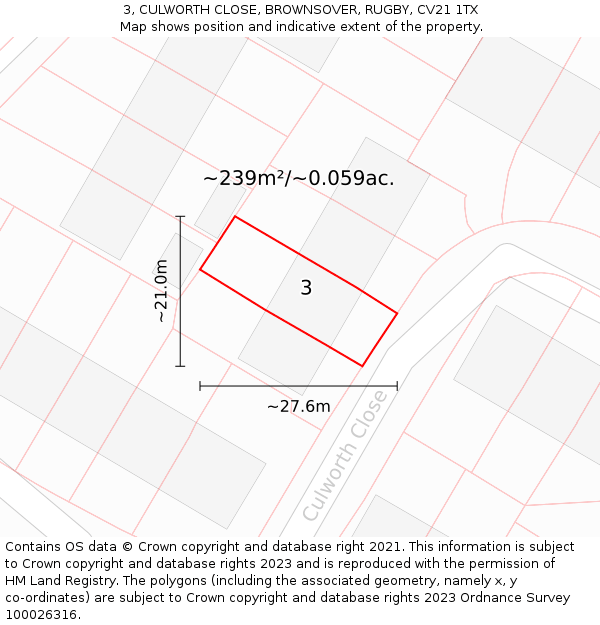 3, CULWORTH CLOSE, BROWNSOVER, RUGBY, CV21 1TX: Plot and title map