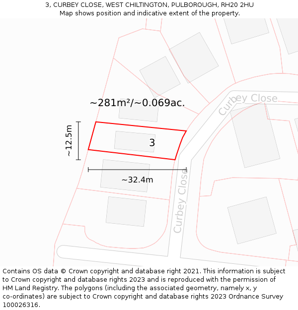 3, CURBEY CLOSE, WEST CHILTINGTON, PULBOROUGH, RH20 2HU: Plot and title map