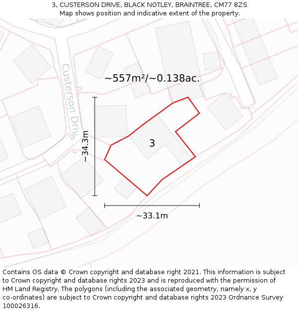 3, CUSTERSON DRIVE, BLACK NOTLEY, BRAINTREE, CM77 8ZS: Plot and title map