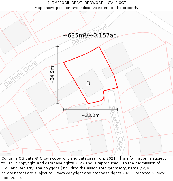 3, DAFFODIL DRIVE, BEDWORTH, CV12 0GT: Plot and title map