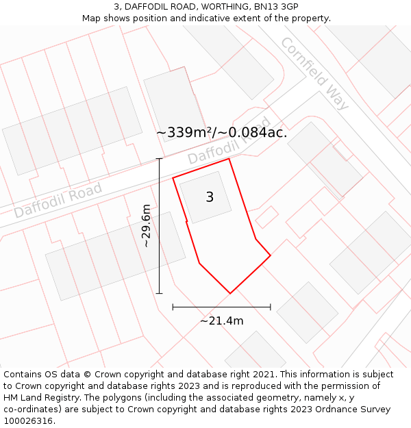3, DAFFODIL ROAD, WORTHING, BN13 3GP: Plot and title map