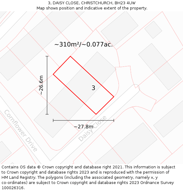 3, DAISY CLOSE, CHRISTCHURCH, BH23 4UW: Plot and title map