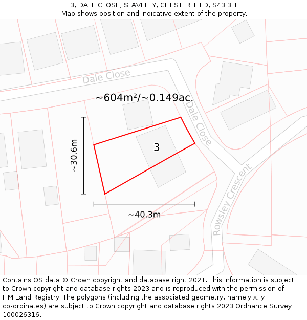 3, DALE CLOSE, STAVELEY, CHESTERFIELD, S43 3TF: Plot and title map