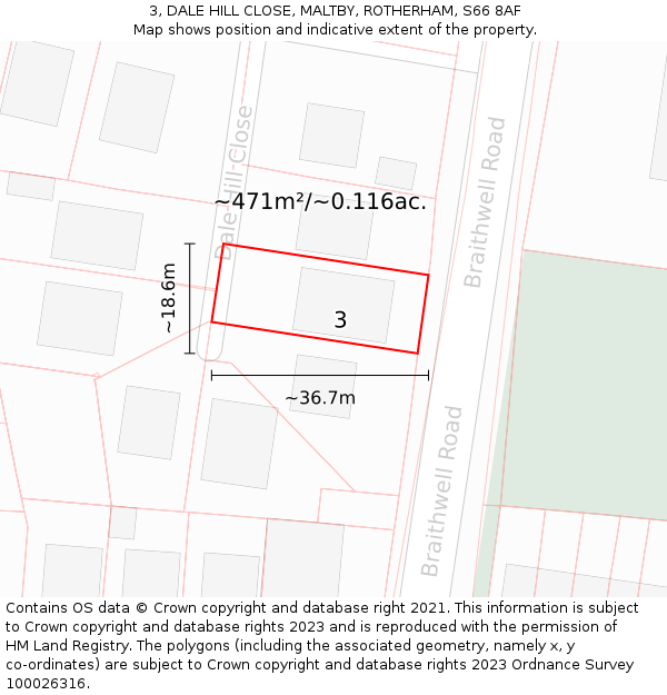 3, DALE HILL CLOSE, MALTBY, ROTHERHAM, S66 8AF: Plot and title map