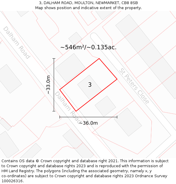3, DALHAM ROAD, MOULTON, NEWMARKET, CB8 8SB: Plot and title map