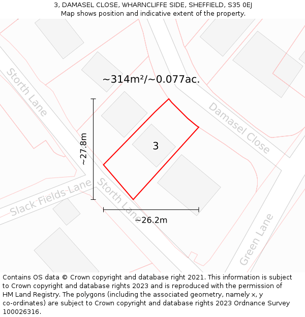 3, DAMASEL CLOSE, WHARNCLIFFE SIDE, SHEFFIELD, S35 0EJ: Plot and title map