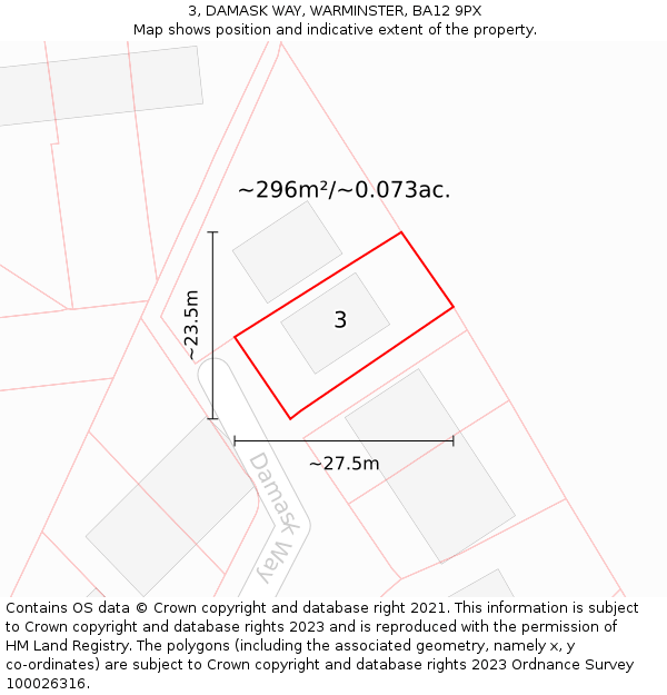 3, DAMASK WAY, WARMINSTER, BA12 9PX: Plot and title map