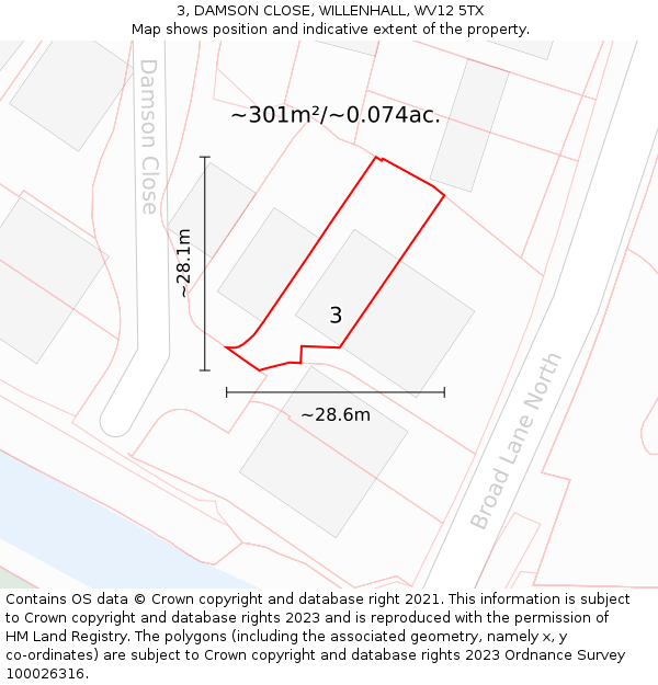 3, DAMSON CLOSE, WILLENHALL, WV12 5TX: Plot and title map