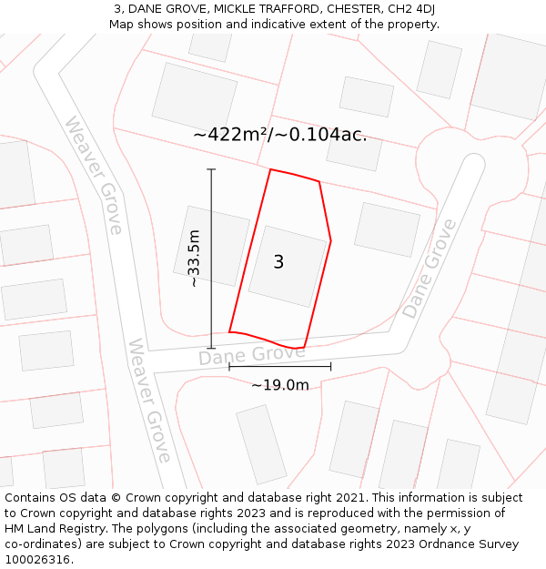 3, DANE GROVE, MICKLE TRAFFORD, CHESTER, CH2 4DJ: Plot and title map