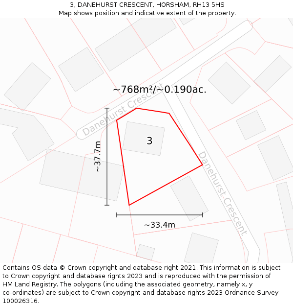 3, DANEHURST CRESCENT, HORSHAM, RH13 5HS: Plot and title map