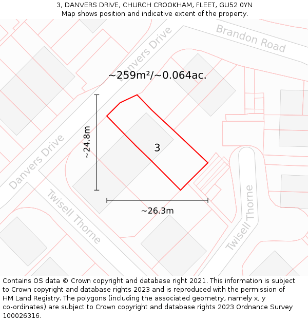 3, DANVERS DRIVE, CHURCH CROOKHAM, FLEET, GU52 0YN: Plot and title map