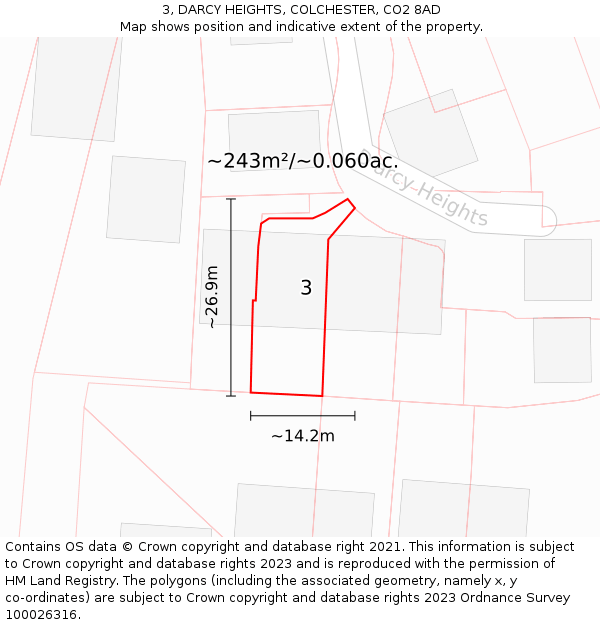 3, DARCY HEIGHTS, COLCHESTER, CO2 8AD: Plot and title map