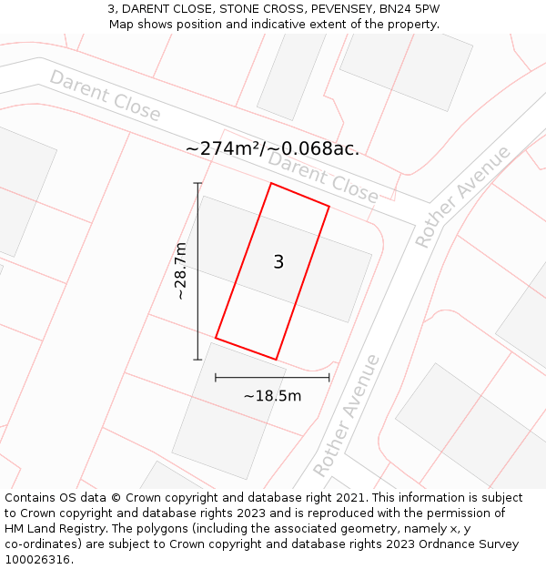 3, DARENT CLOSE, STONE CROSS, PEVENSEY, BN24 5PW: Plot and title map