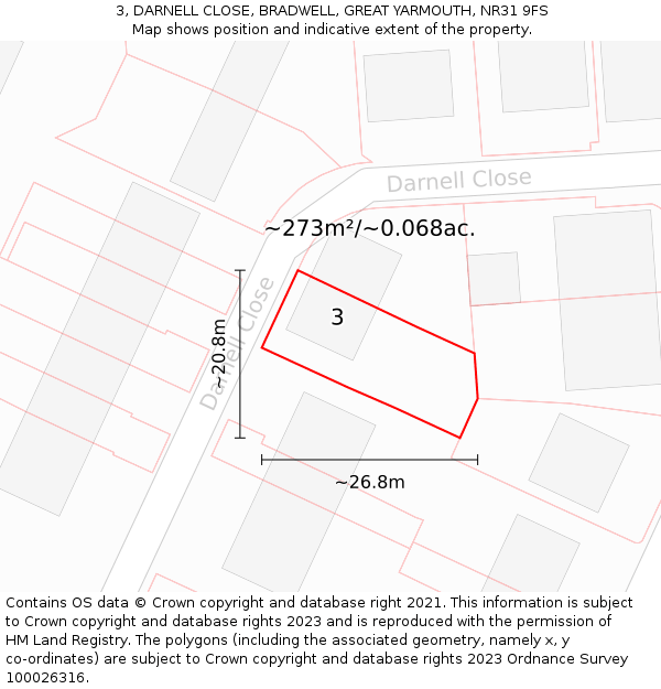 3, DARNELL CLOSE, BRADWELL, GREAT YARMOUTH, NR31 9FS: Plot and title map