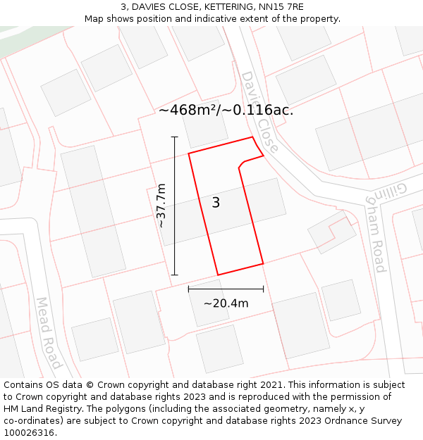 3, DAVIES CLOSE, KETTERING, NN15 7RE: Plot and title map