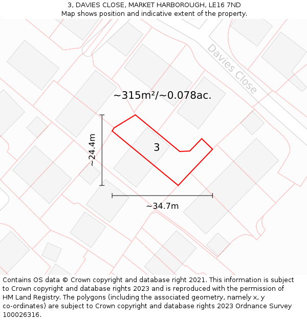 3, DAVIES CLOSE, MARKET HARBOROUGH, LE16 7ND: Plot and title map