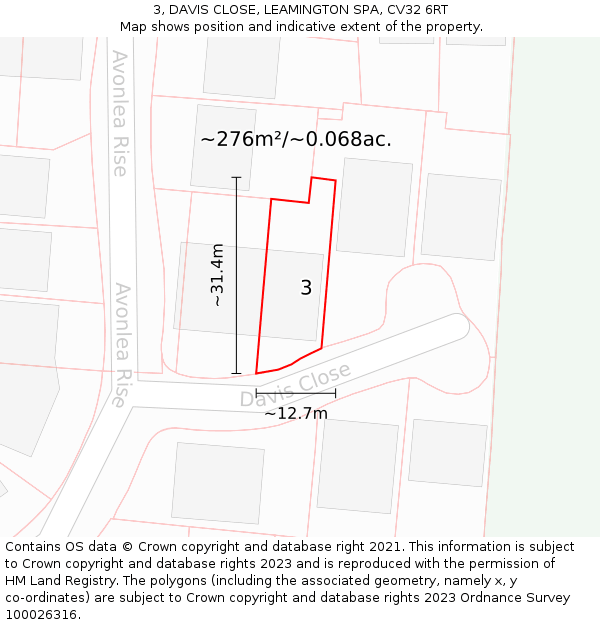 3, DAVIS CLOSE, LEAMINGTON SPA, CV32 6RT: Plot and title map