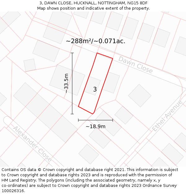 3, DAWN CLOSE, HUCKNALL, NOTTINGHAM, NG15 8DF: Plot and title map
