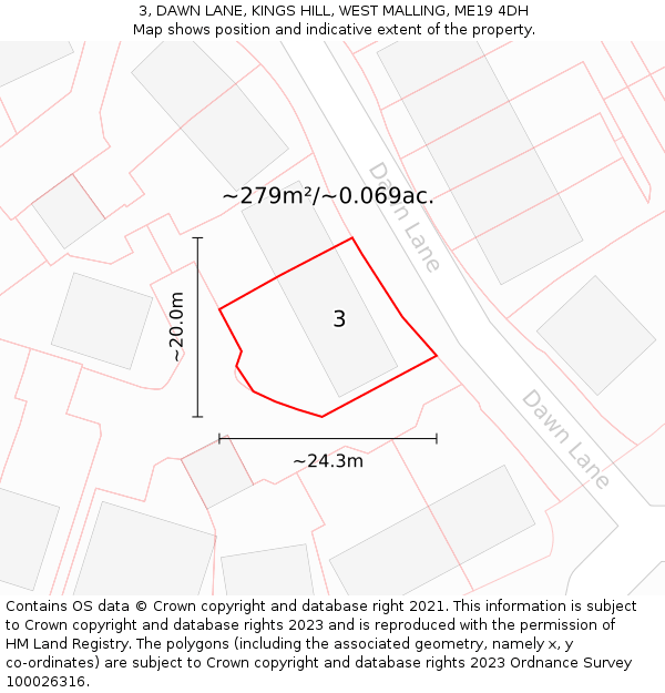 3, DAWN LANE, KINGS HILL, WEST MALLING, ME19 4DH: Plot and title map