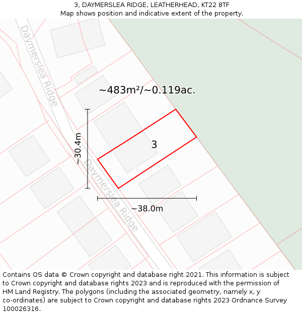 3, DAYMERSLEA RIDGE, LEATHERHEAD, KT22 8TF: Plot and title map