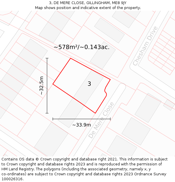 3, DE MERE CLOSE, GILLINGHAM, ME8 9JY: Plot and title map