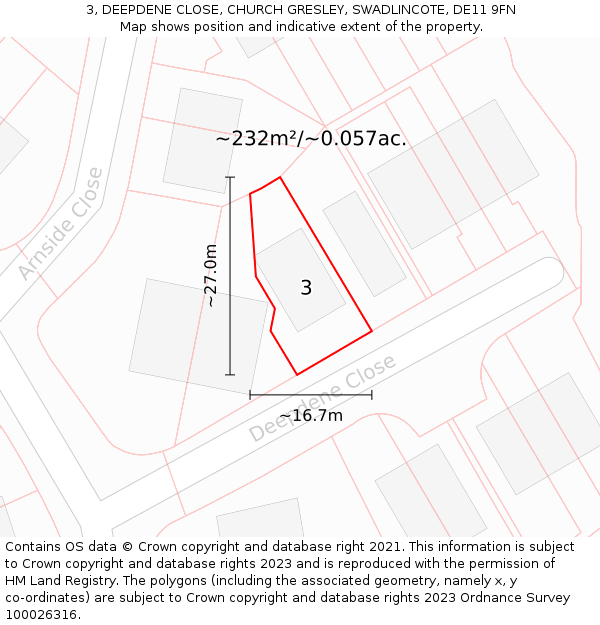 3, DEEPDENE CLOSE, CHURCH GRESLEY, SWADLINCOTE, DE11 9FN: Plot and title map