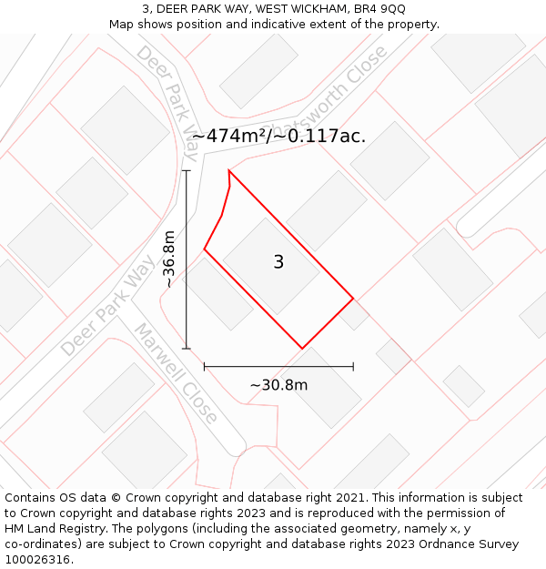 3, DEER PARK WAY, WEST WICKHAM, BR4 9QQ: Plot and title map