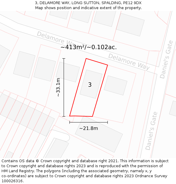 3, DELAMORE WAY, LONG SUTTON, SPALDING, PE12 9DX: Plot and title map