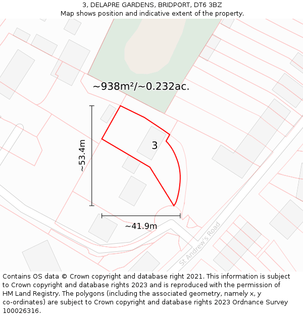 3, DELAPRE GARDENS, BRIDPORT, DT6 3BZ: Plot and title map