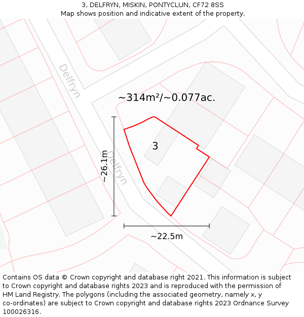 3, DELFRYN, MISKIN, PONTYCLUN, CF72 8SS: Plot and title map