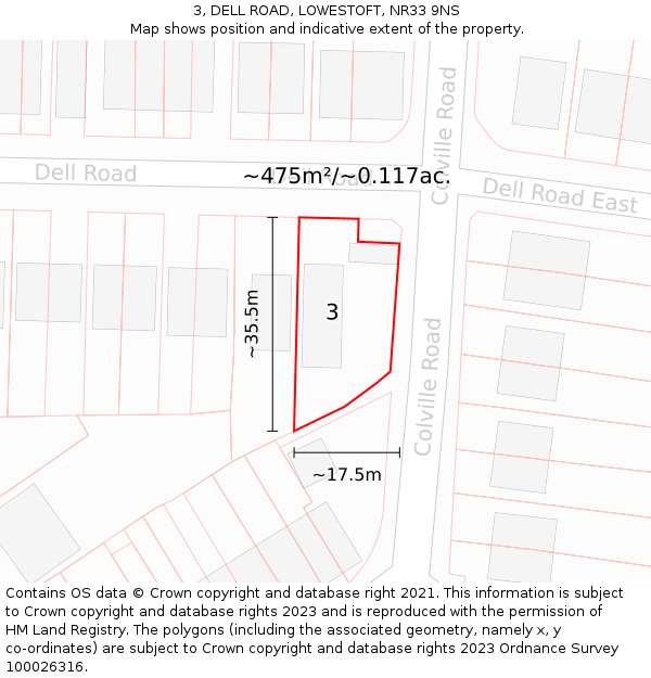 3, DELL ROAD, LOWESTOFT, NR33 9NS: Plot and title map