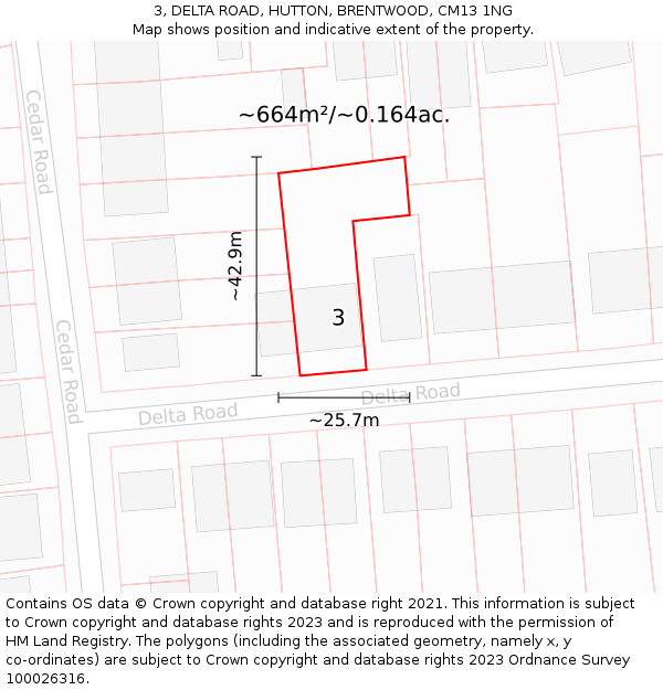 3, DELTA ROAD, HUTTON, BRENTWOOD, CM13 1NG: Plot and title map